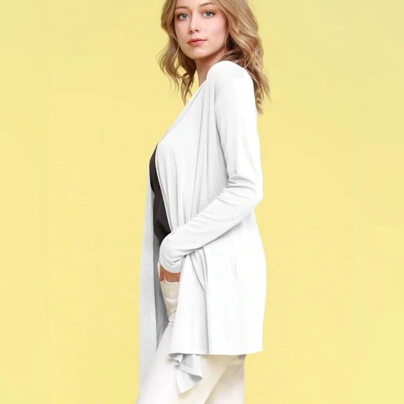 Draped Front Open Cardigan Casual Long Sleeve Lightweight Cardigan -white - Picture 3 of 6